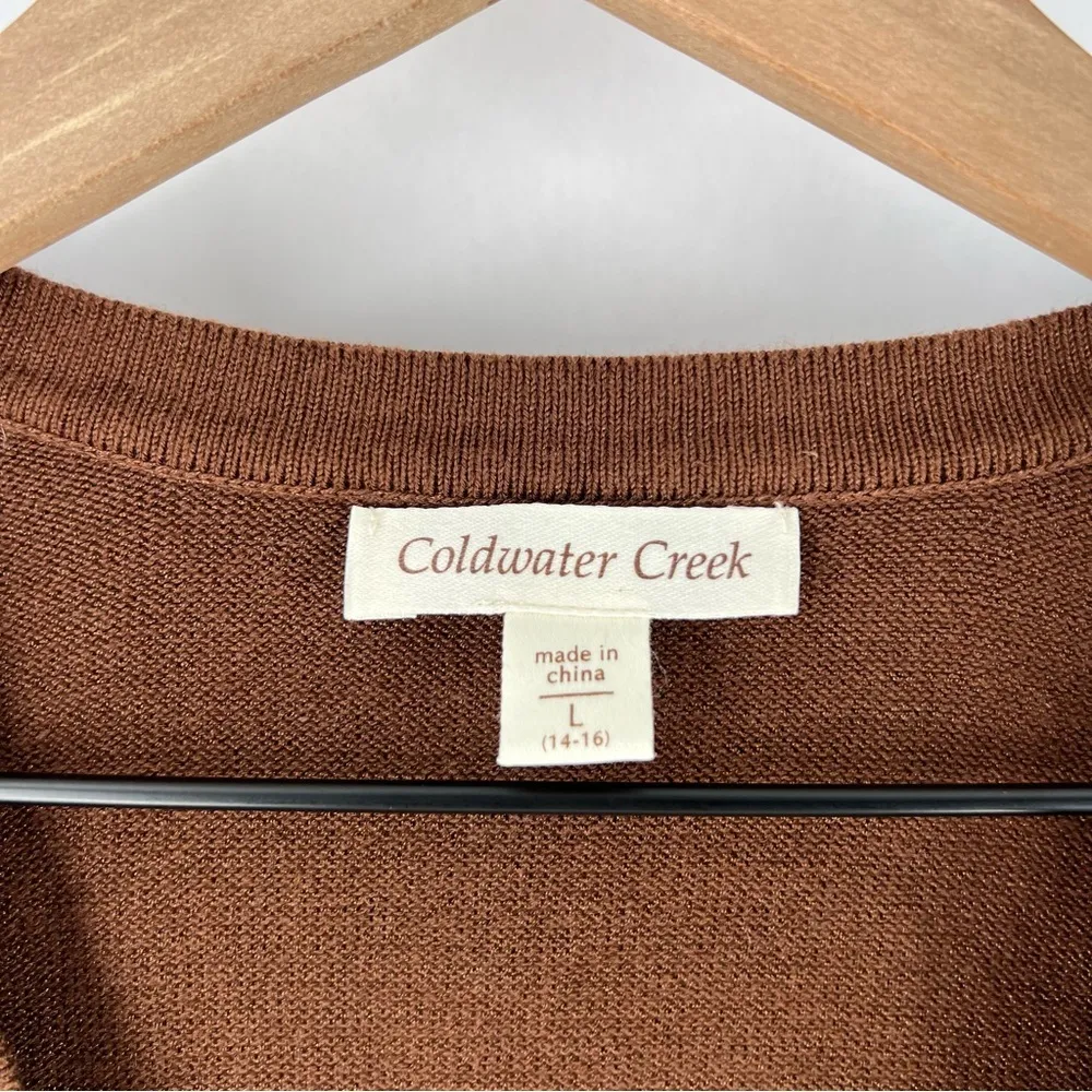 Coldwater Creek Brown Cotton Blend Ruffle V Neck Button Front Sweater Cardigan - Image 2