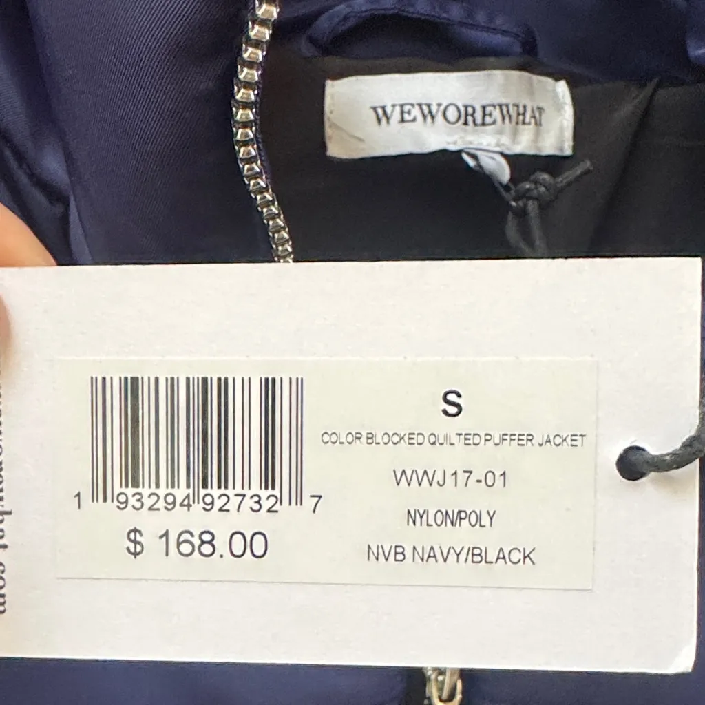 NWT WeWoreWhat Quilted Puffer Jacket - Black and Navy Blue colorblock ski - Image 3