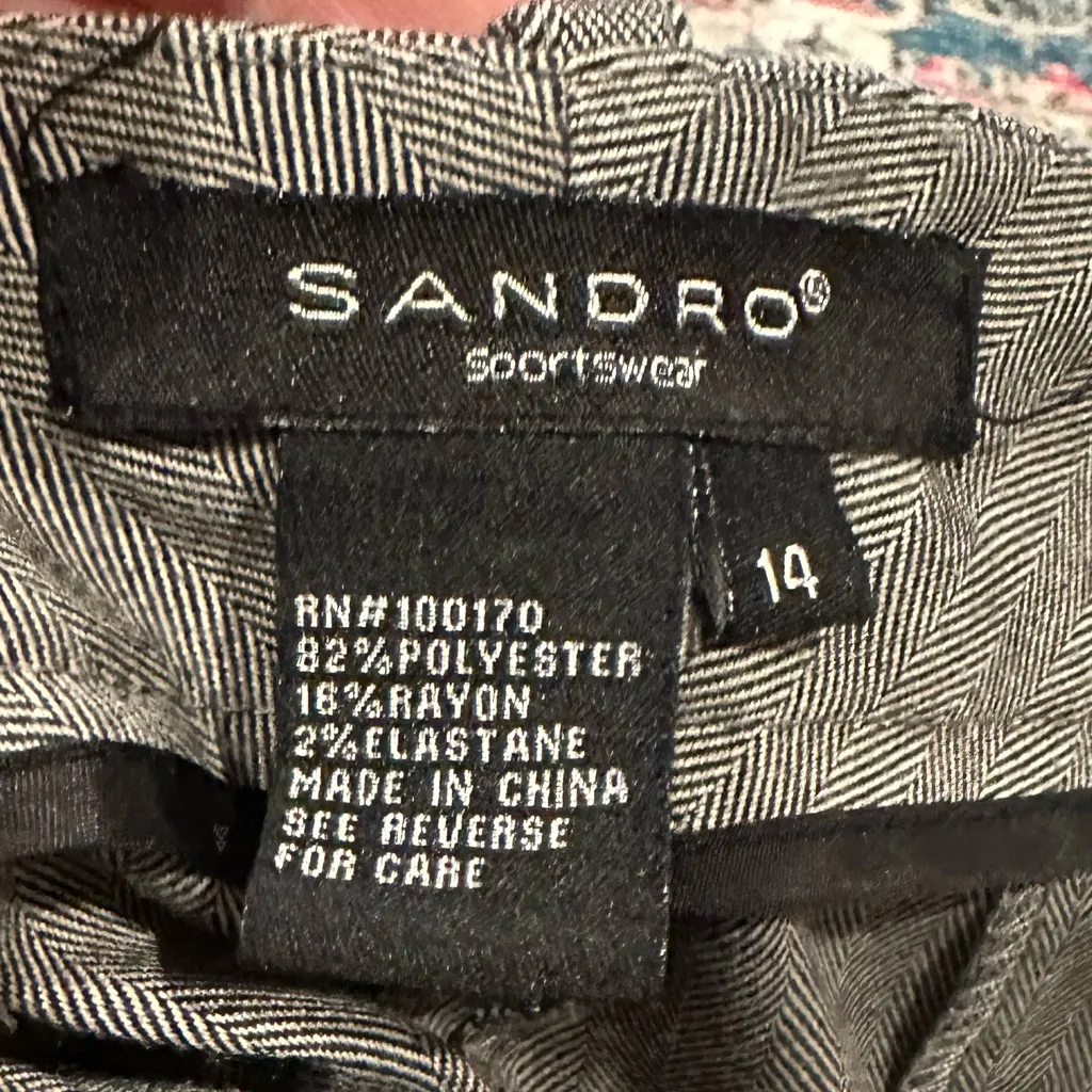 Sandro Herringbone High Rise Waist Trousers Grey Black White Wide Leg Pants 14 - Image 5