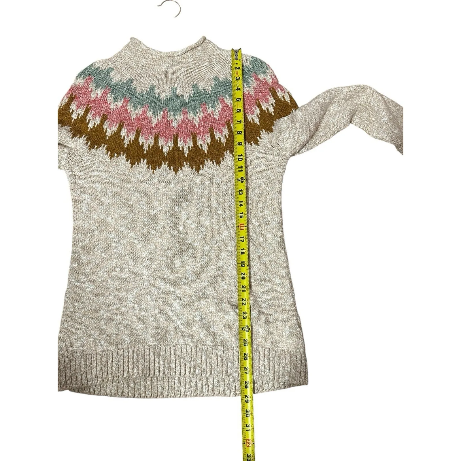 LL Bean Sweater Womens Extra Large Beige Fair Isle Cotton Chunky Knit Mock Neck Size XL - Image 5