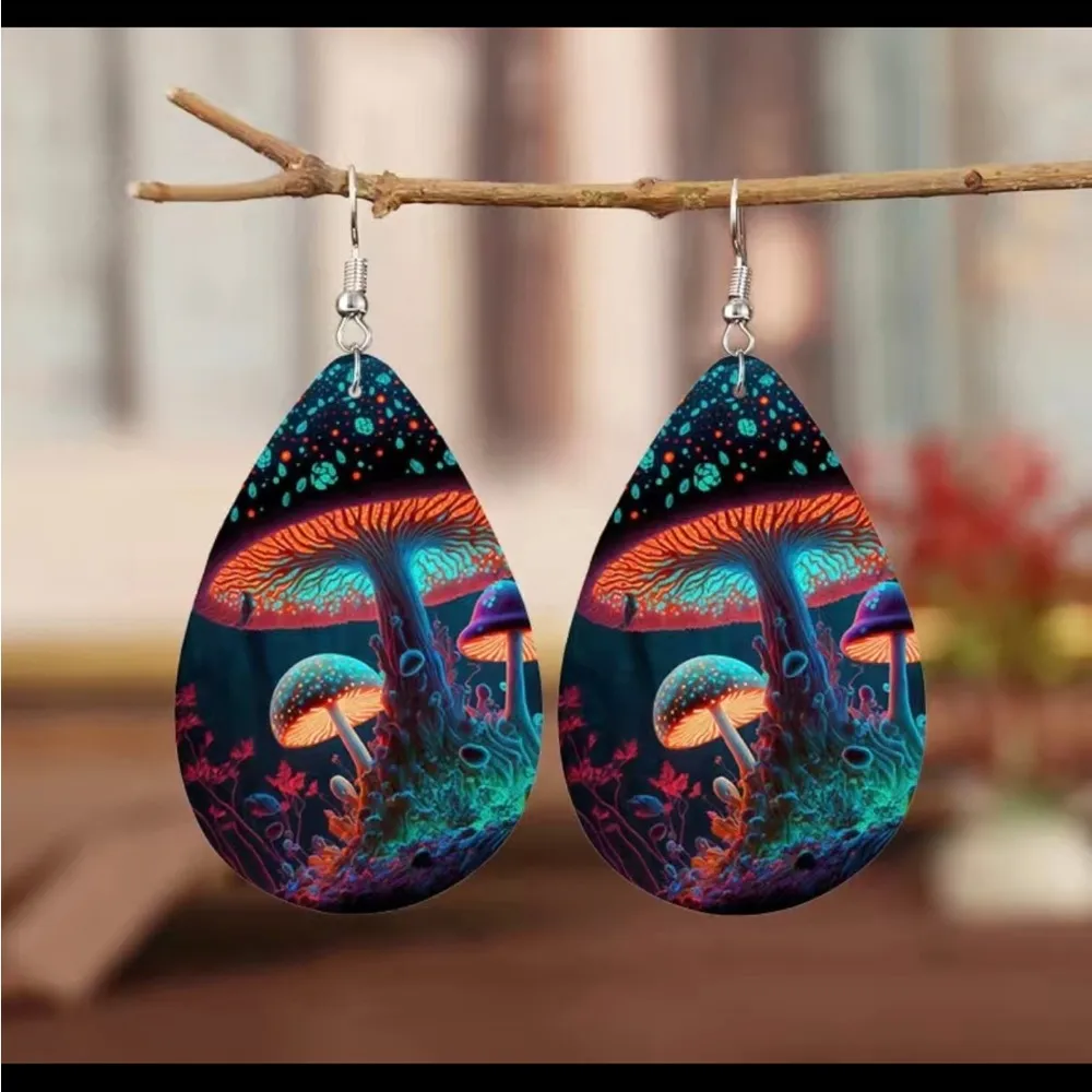 Luminous Mushroom Print Teardrop Shape Dangle Earrings Elegant Ocean Style PU Le - Image 12