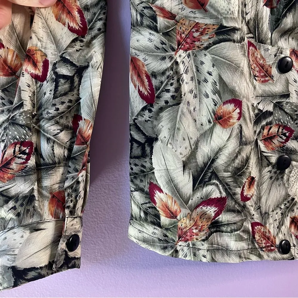 Vintage Nora Noh Silk Retro Botanical Print Crossover Long Sleeve Blouse Top 4 Green - Image 6