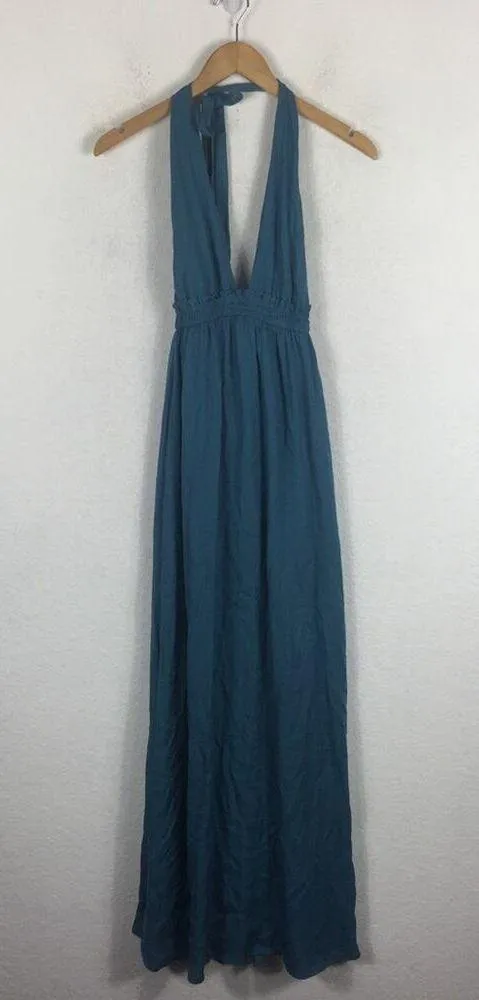 Lulus Unforgettable Night Maxi Dress XS Teal Blue Satin Halter Open Back Beach - Image 3