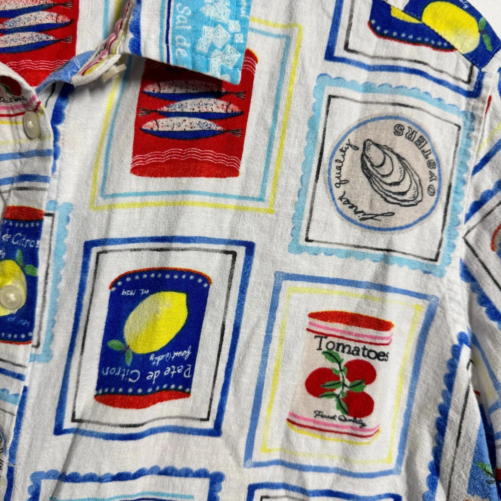 Ann Taylor Loft Sardine Novelty Print Button Down Shirt Women L Linen Coastal - Image 6