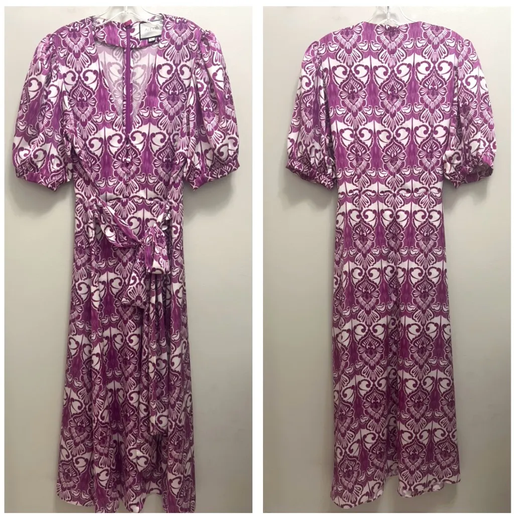 ALEXIS Wynova Midi Dress Puff Sleeve Waist Tie in Mulberry Size XL - Image 4