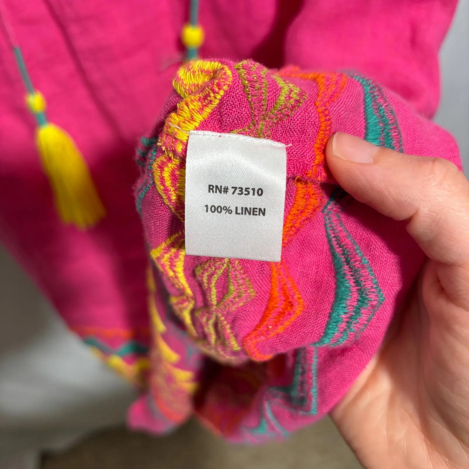 Anthropologie Uncle Frank Hot Pink 100% Linen Dopamine Dress Boho Puff Sleeves M - Image 6