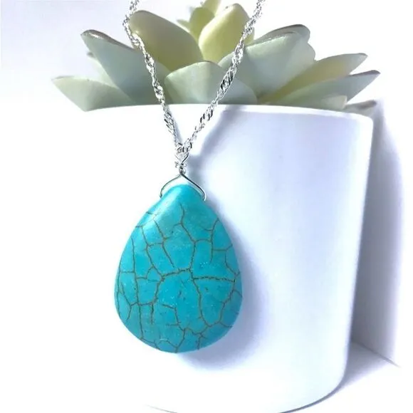 Simulated Turquoise Stone Long Necklace‎ Blue - Image 4