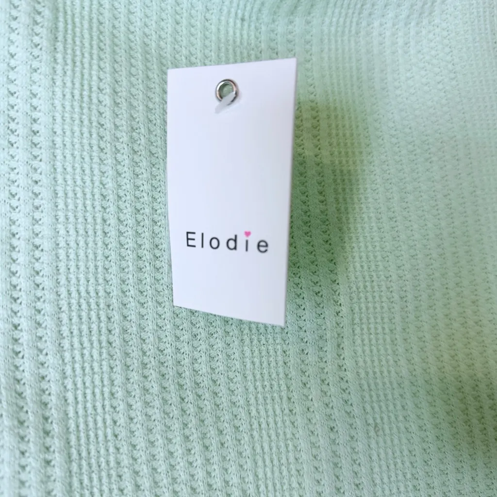ELODIE NWT Waffle Knit Short Sleeve Button-Up Crop Top, Size Medium Mint Green - Image 7