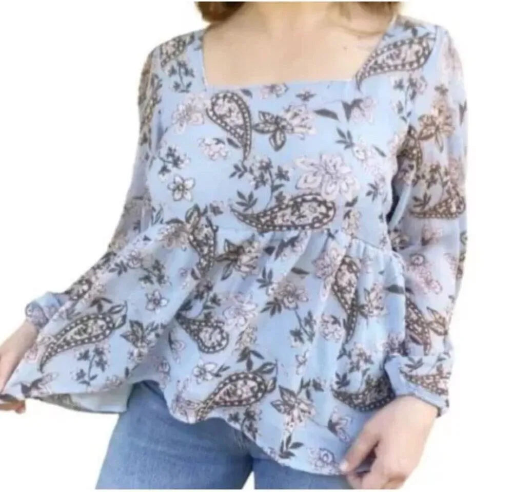 American Eagle  Floral Tie Back Blouse  Light Blue  Paisley Chiffon Size M NWOT - Image 3