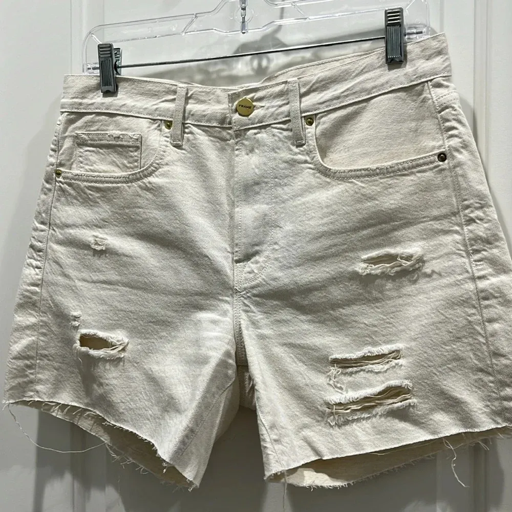 Frame Le Brigette Denim Shorts Cotton Linen Blend in Au Natural Sz 27 - Image 7