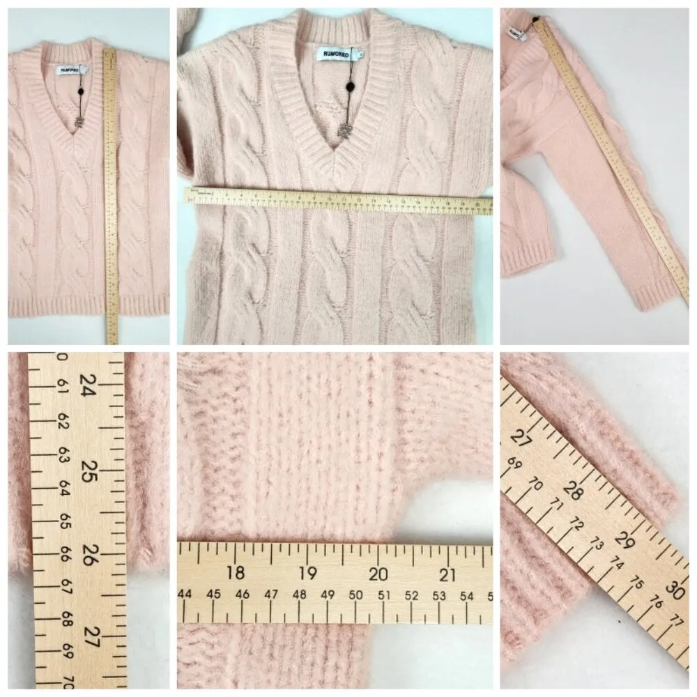 Rumored Oversized V Neck Cable Knit Sweater Size XS Pink New - Image 7