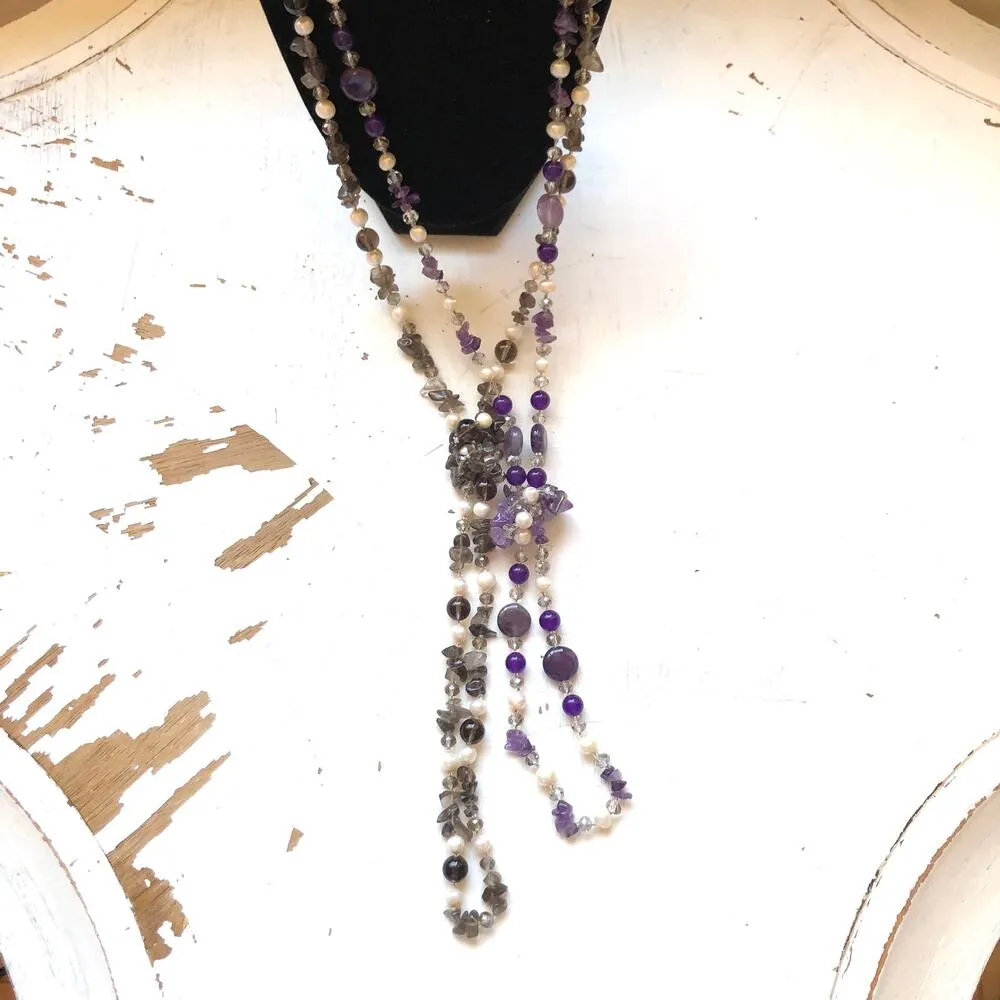 Hand Knotted Faceted Purple Glass Beaded & Black Glass Beaded Lariat Necklaces - Image 9
