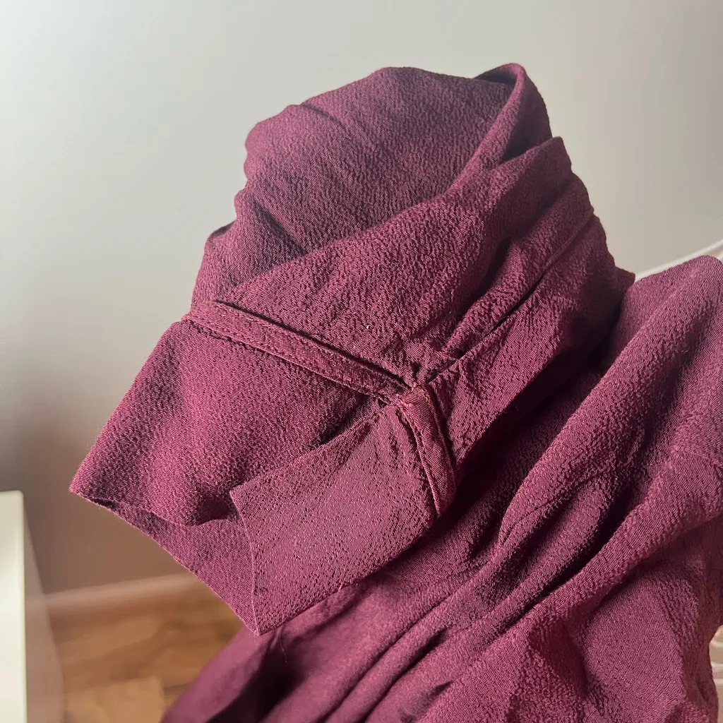 Raquel Allegra Women's 0 Burgundy Long Sleeve Blouse High Gathered Neck Fray Hem Red - Image 5