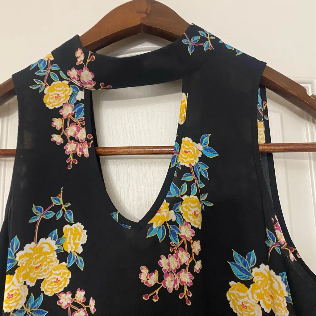 Hippie Rose Womens Sheer Halter Tank Top M Medium Black & Yellow Blue Floral - Image 3