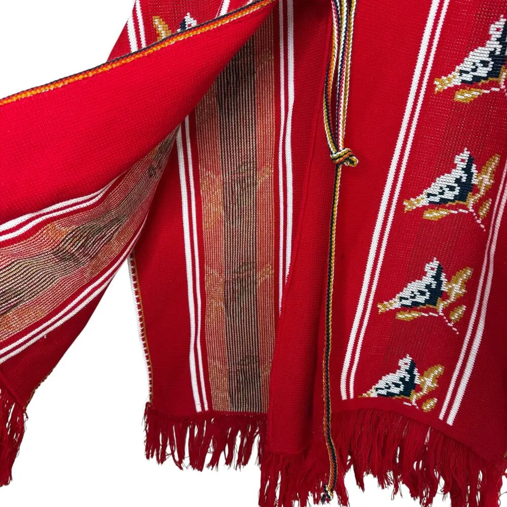 Vintage Comanche Imports Poncho Shawl Fringe Boho Bird Festival OS Mexico Red Size undefined - Image 6