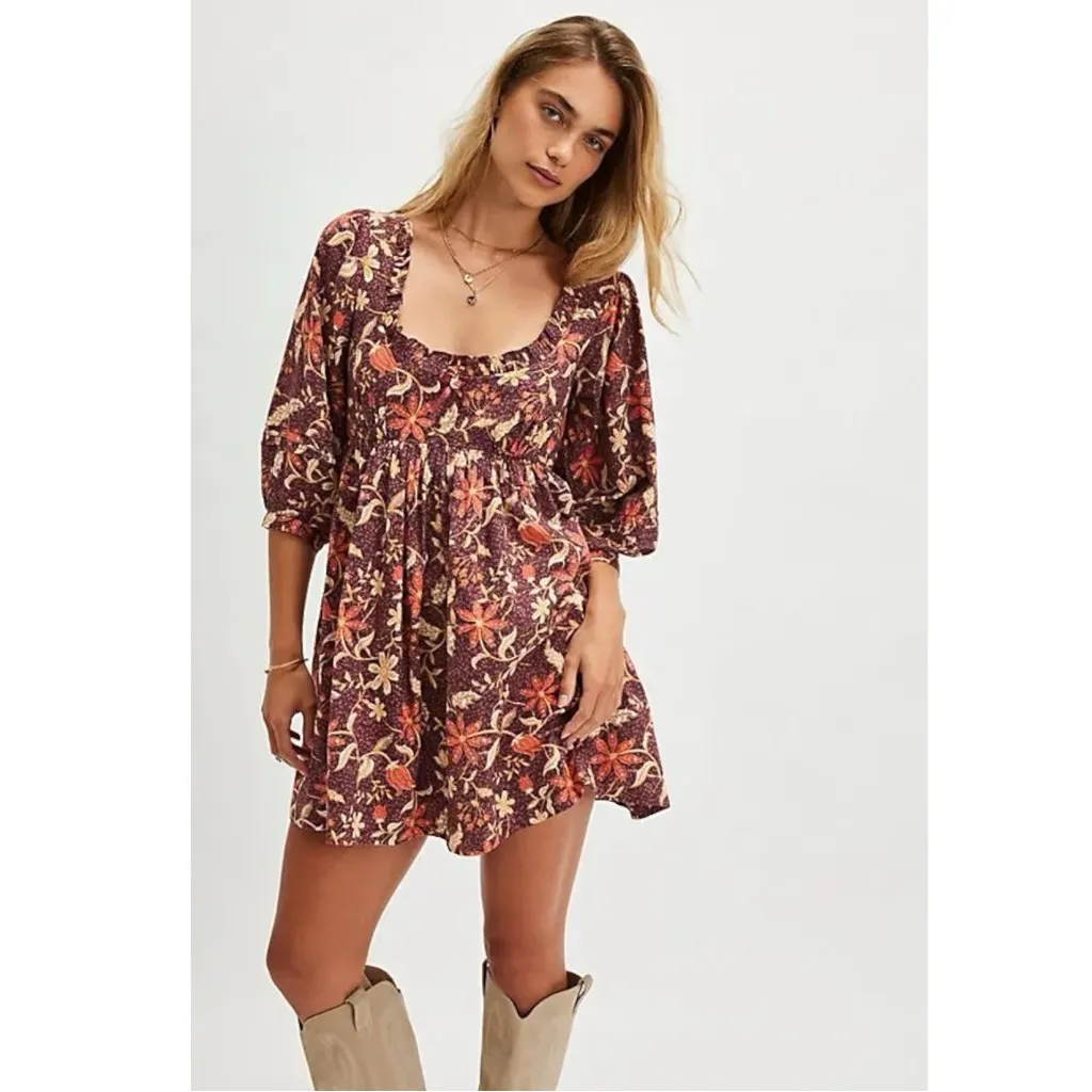 Free People Western Bohemian Dainty Lola Mini Dress Mocha Combo Medium Floral - Image 4
