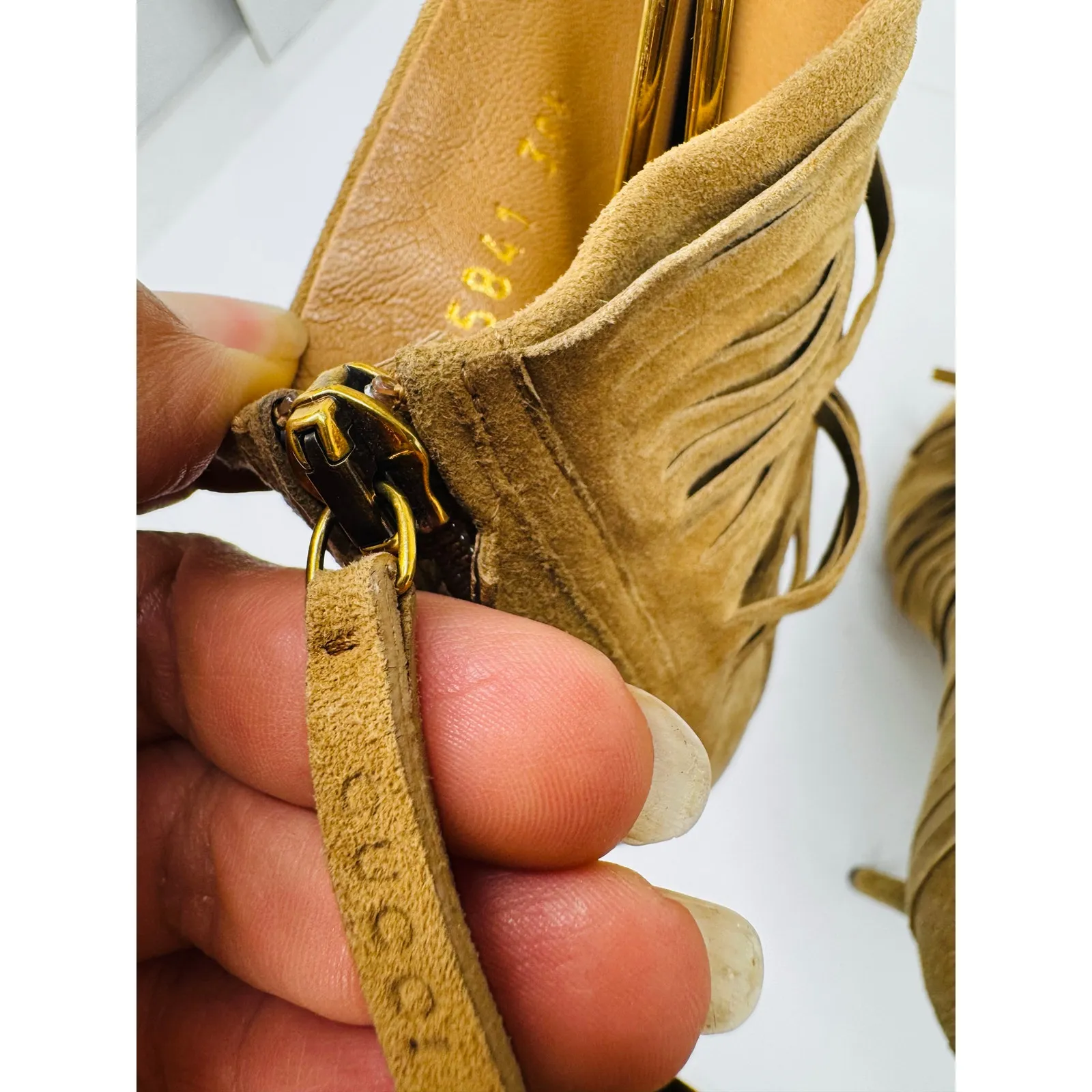 Gucci Akerman Fringe Peep Toe Ankle Boots Camel Suede Western Boho Booties 39.5 - Image 8