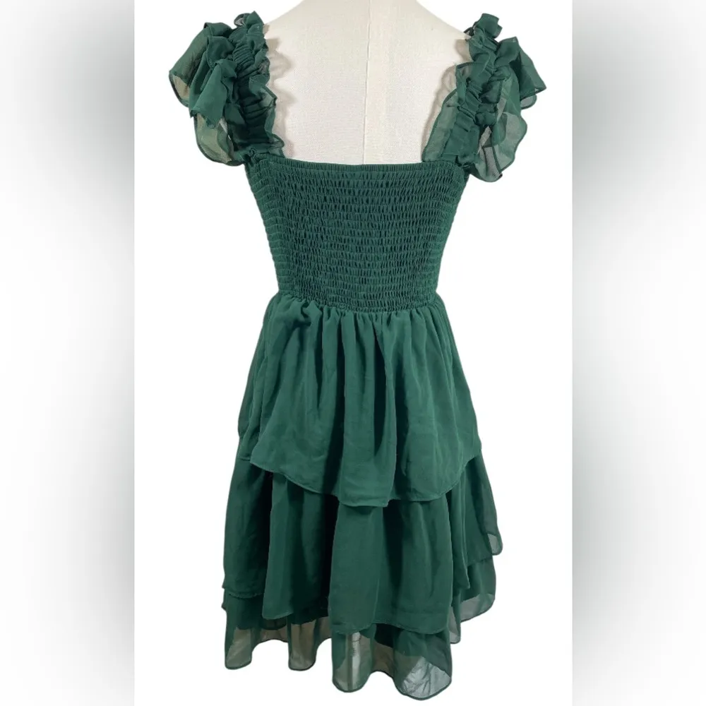 Byinns Women’s Green L Square Neck Sleeveless High Waist Tiered Mini Dress Size L - Image 2