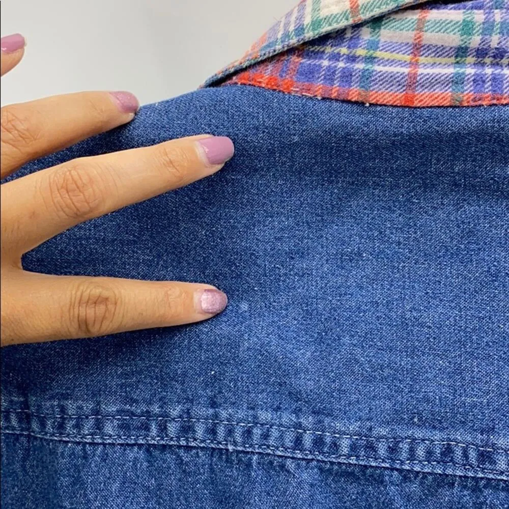 Vintage Mickey Unlimited denim flannel button down 90s sz L plaid novelty Size L - Image 10