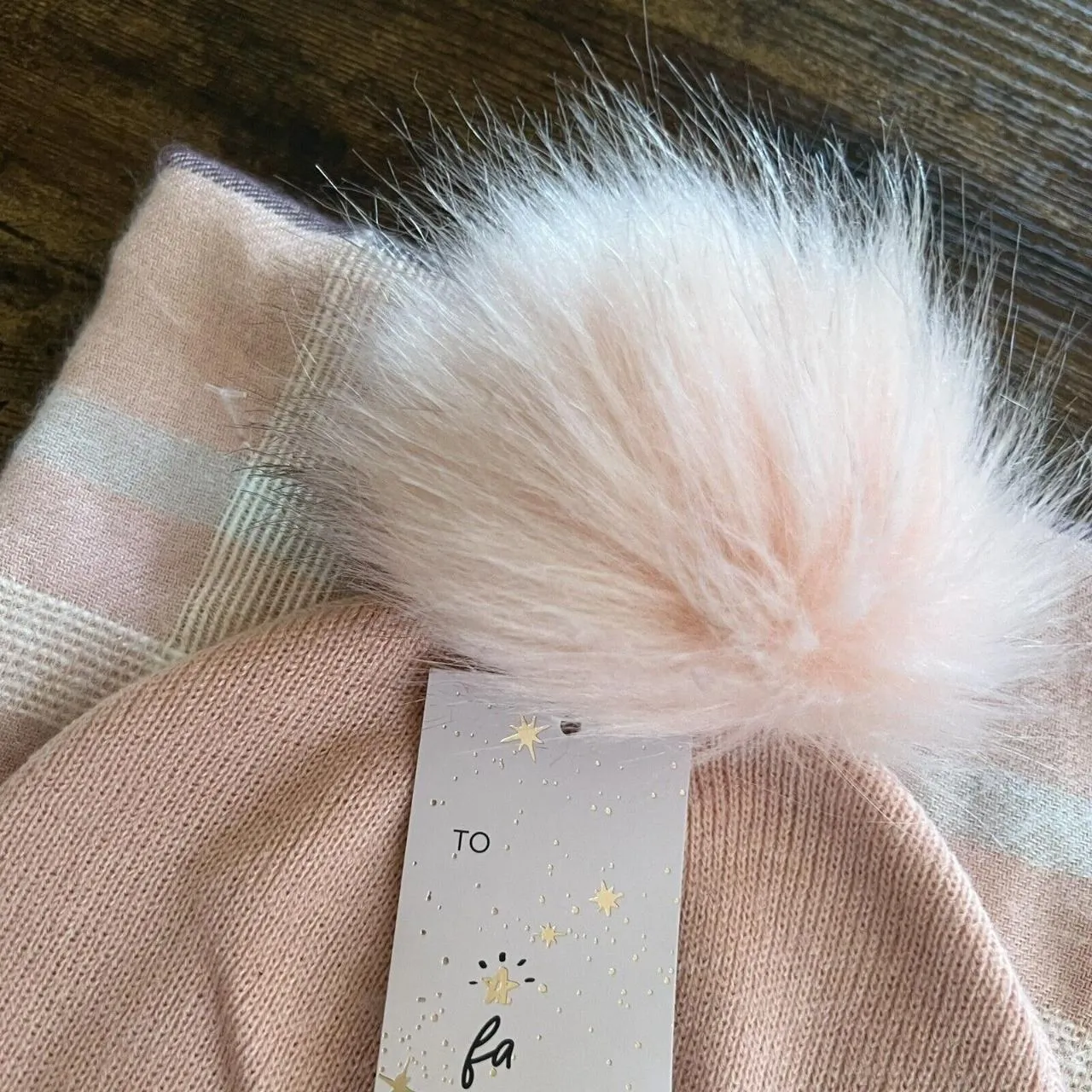 Nine West  Pink Plaid Wrap Scarf And Faux Fur Pom Beanie Set - Image 3