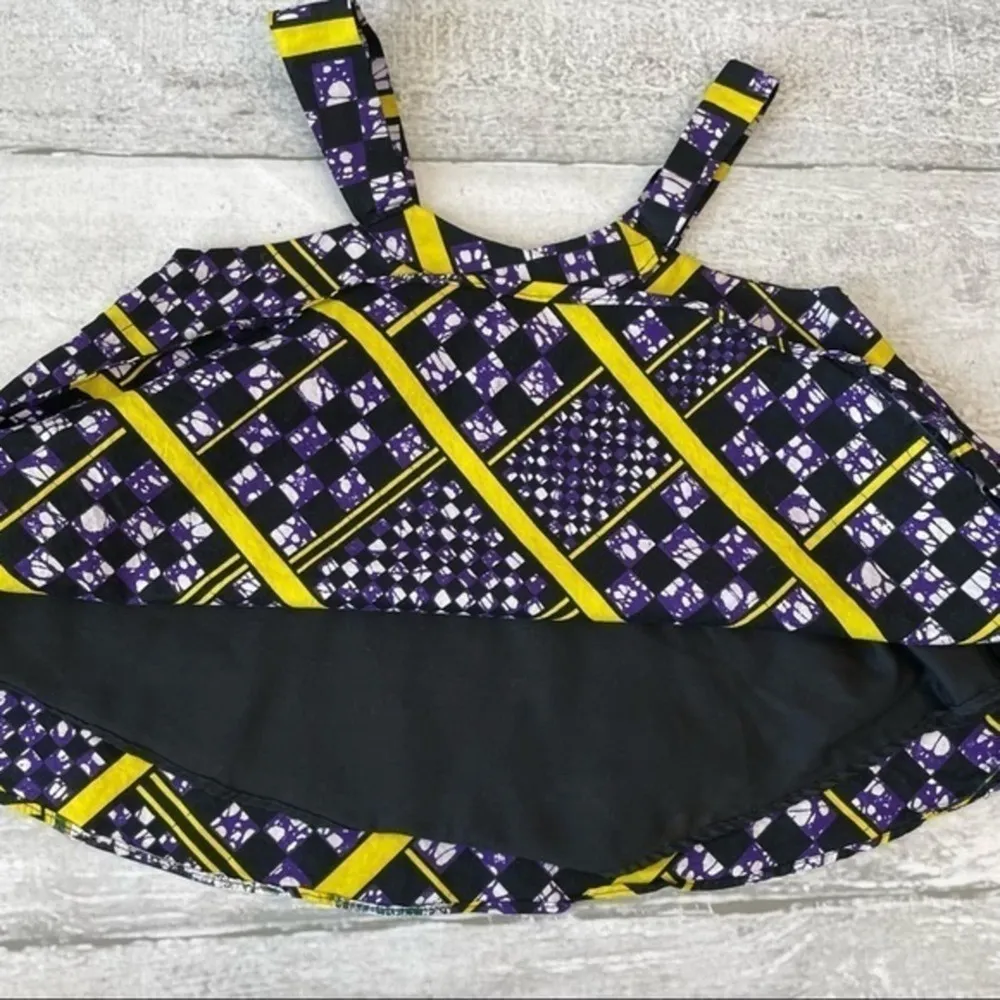 African Katange Fabric Crop Swing Shirt Purple Black Yellow Handmade Small Top - Image 3