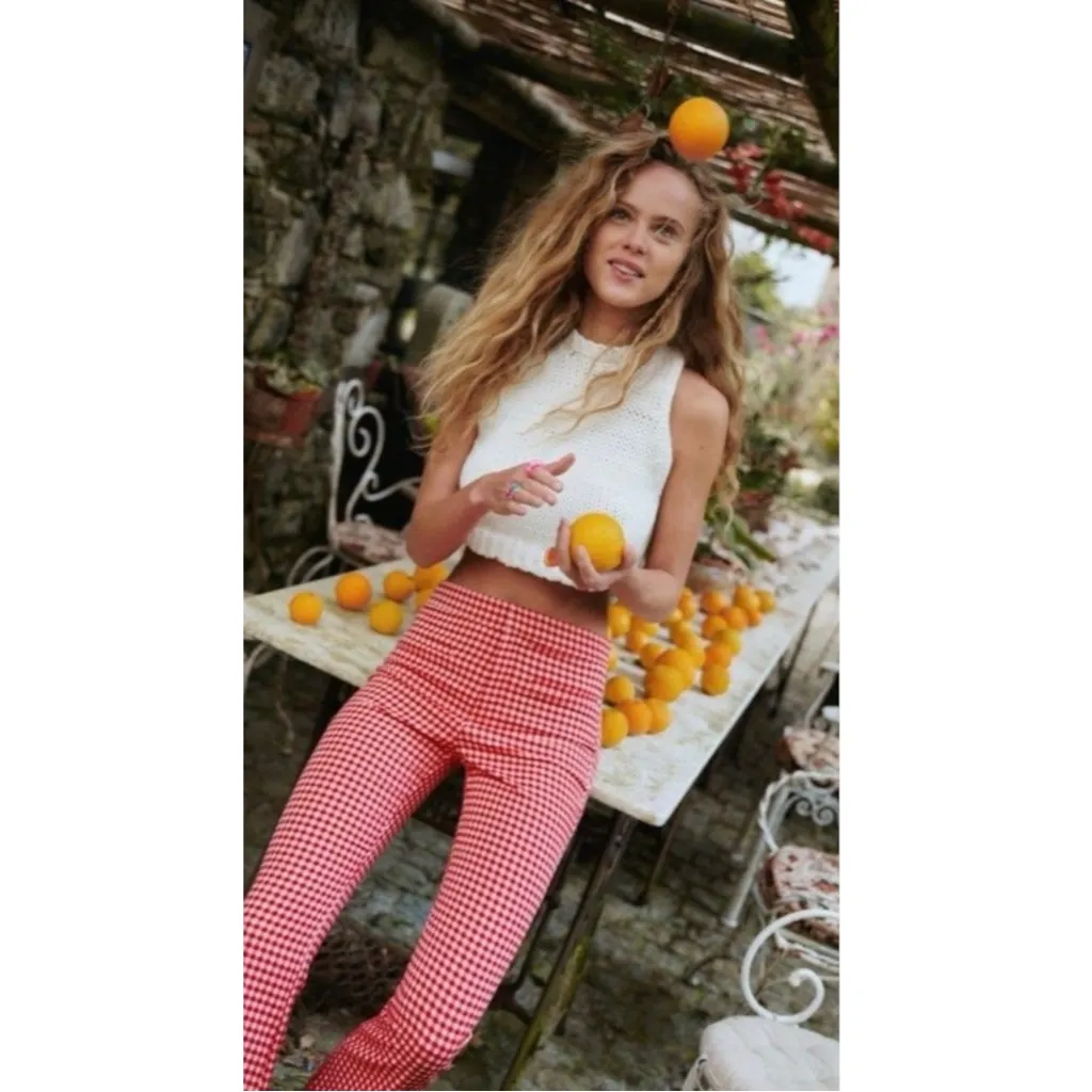 Zara Red White Gingham Cropped Flare Pants Picnic Blogger Favorite Medium - Image 3