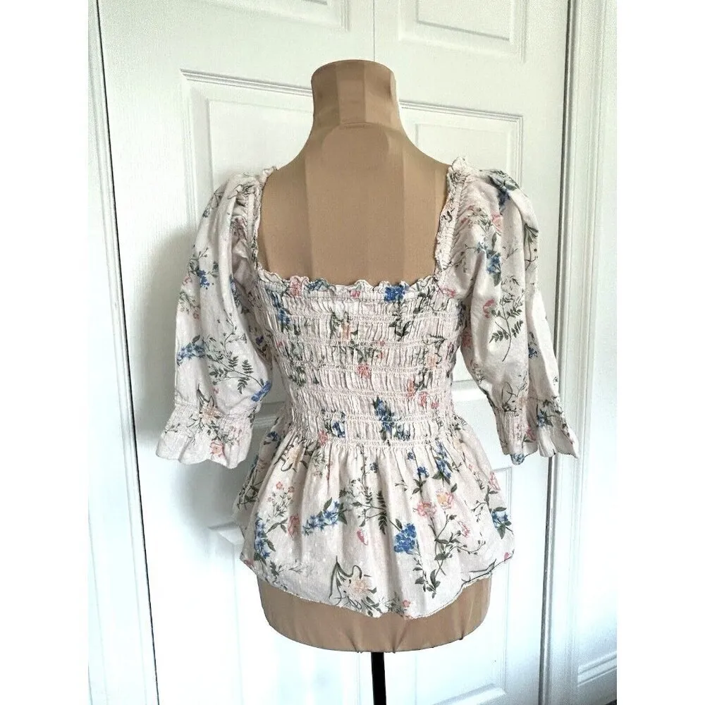 SAYLOR Women Pink Cotton Floral Smocked Peplum Clover Blouse Boho Top Size M - Image 5