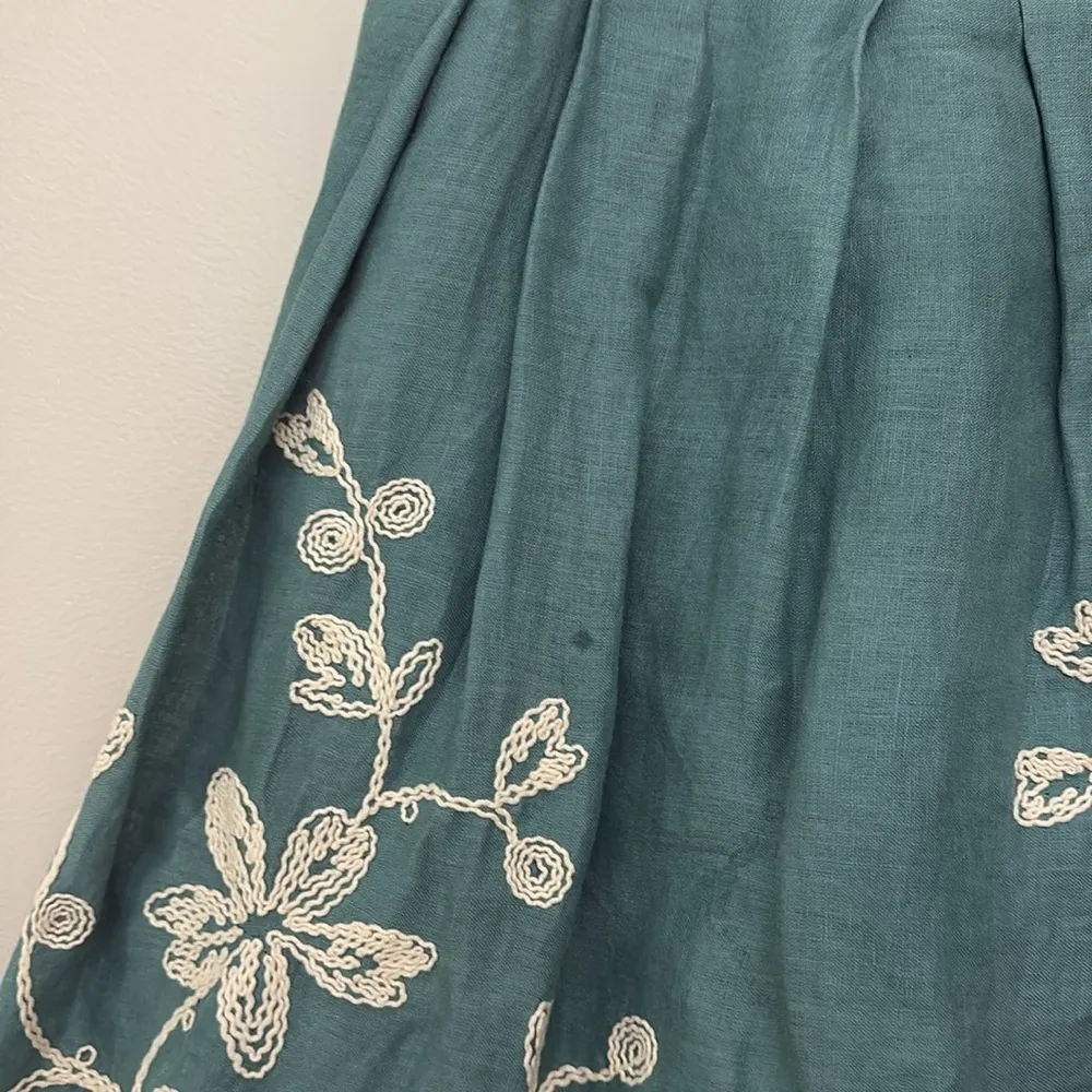 Talbots Floral Embroidered Pleated Skirt 100% Linen Teal Lined Cottagecore Sz 14 - Image 8