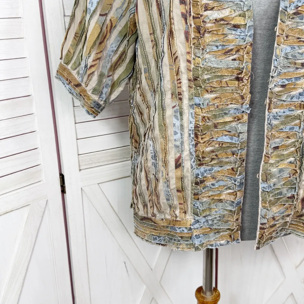 Chicos Shirred Cut Away Art To Wear Short Sleeve V Neck Jacket Tan Multi Large - Image 6