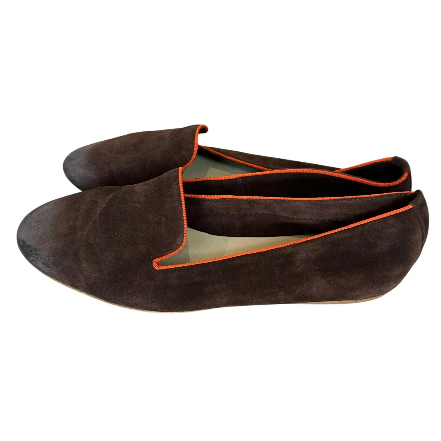Sundance Brown Smoking Flats Shoes Size 39 8.5  Suede Leather Orange Trim Preppy - Image 2