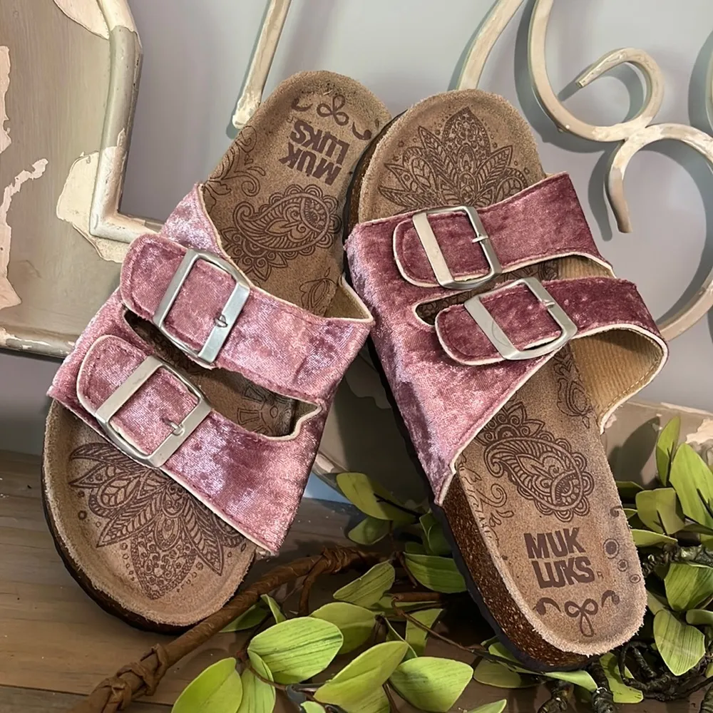 Muk Luks Sandals Slides EXCELLENT Rose Womens 7 Velour Velvety Pink - Image 5