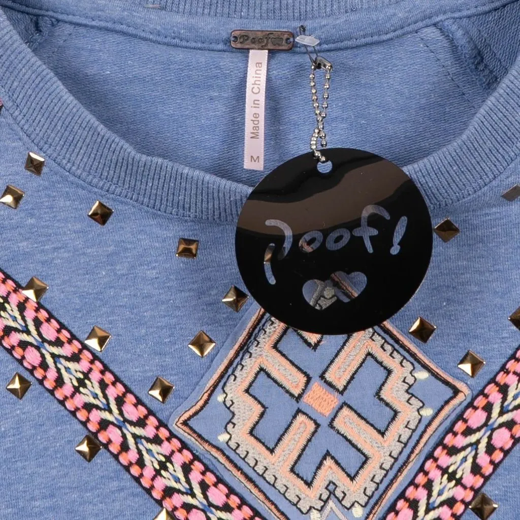 Poof Y2K Sweatshirt M Womens New Embroidered Strap Raglan Blue Rivets Geometric Size M - Image 4