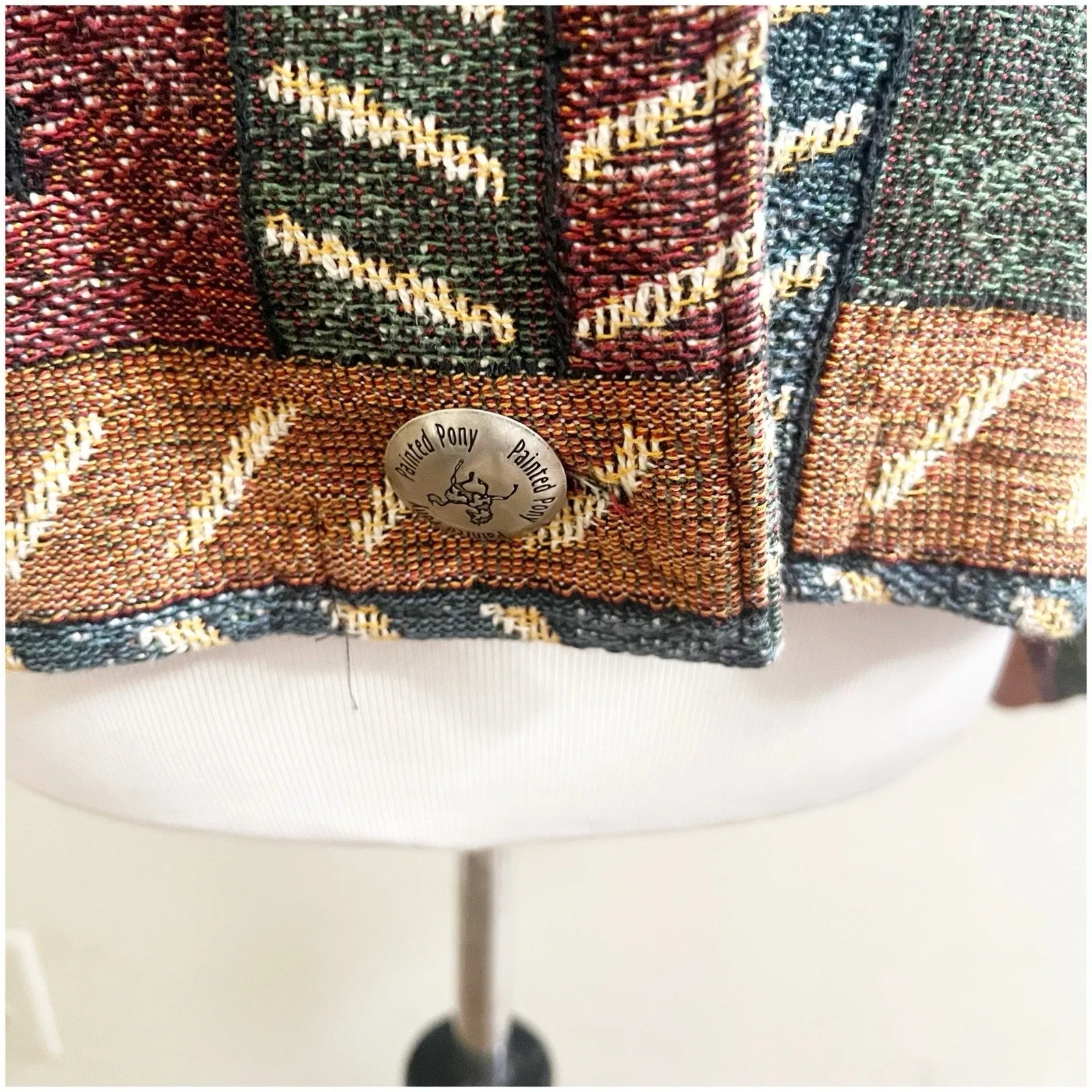 Painted Pony Tapestry Jacket Sz Large/XL Patchwork Stars Button Front Western Blue - Image 6