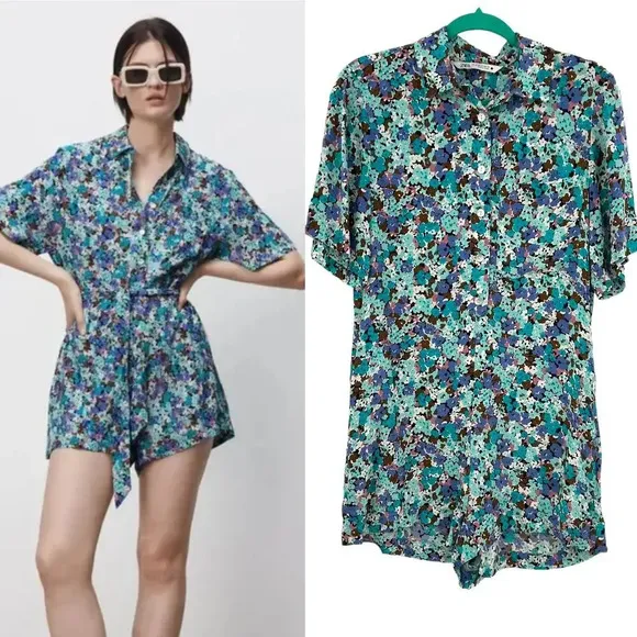 Zara Blue Floral Print Collared Romper Playsuit Blogger Fav Size XS Missing Belt - Image 2