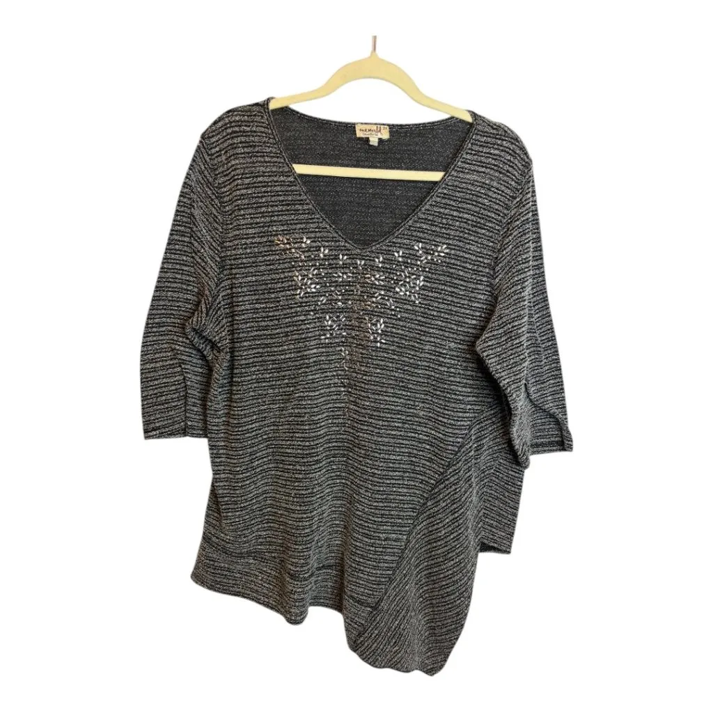 One World Sweater Women's Size 2X 3/4 Sleeves Embellished Lightweight Black Gray - Image 2