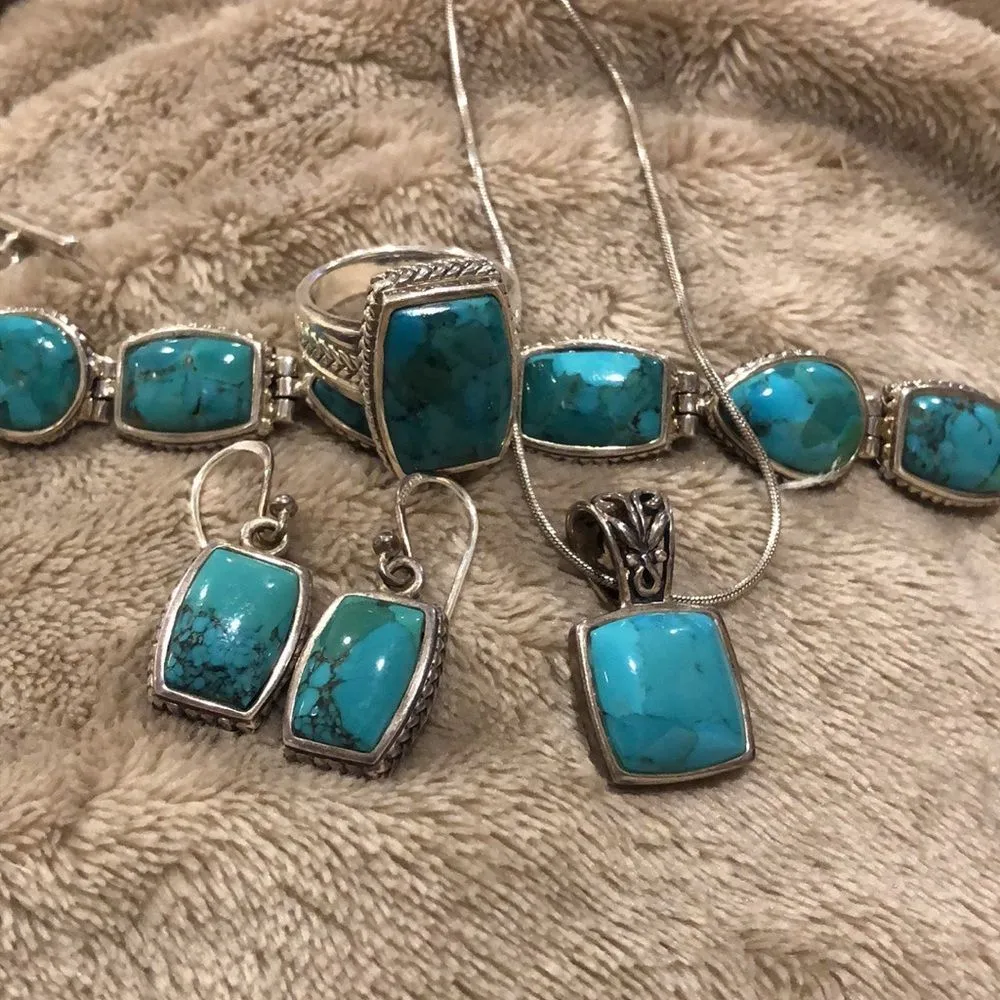 Barse Turquoise Sterling Silver Necklace Earrings Bracelet Ring Rope Accent Set - Image 12