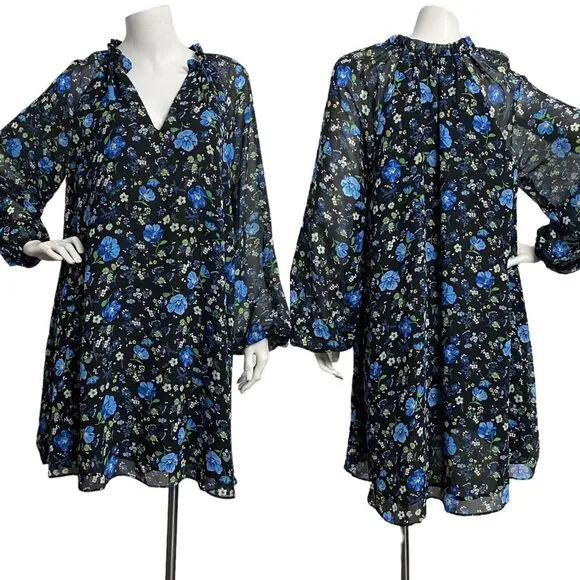 Banana Republic Blue Floral Black Casual Dress Long Sleeve Women's Size S - Image 2