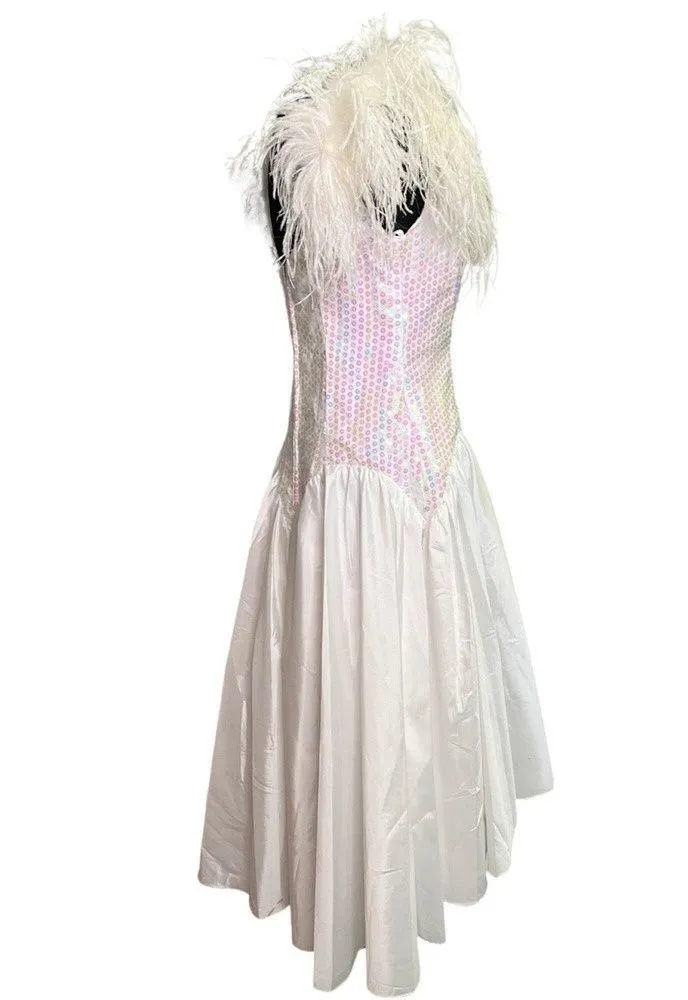Vintage 1980s White Aurora Borealis Sequin Deadstock Dress Marabou Feathers Med - Image 3