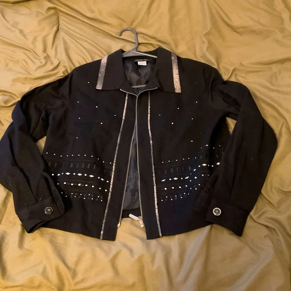 Morgan Cole Womens Sz S Black Zip Jacket Studded Bling Button Cuff Sleeve Lined - Image 2