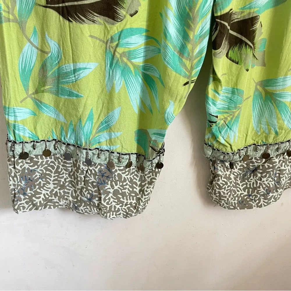 Soft Surroundings Boho Coin Trim Pants Tropical Print Wide Leg M Embellished Hem - Image 8