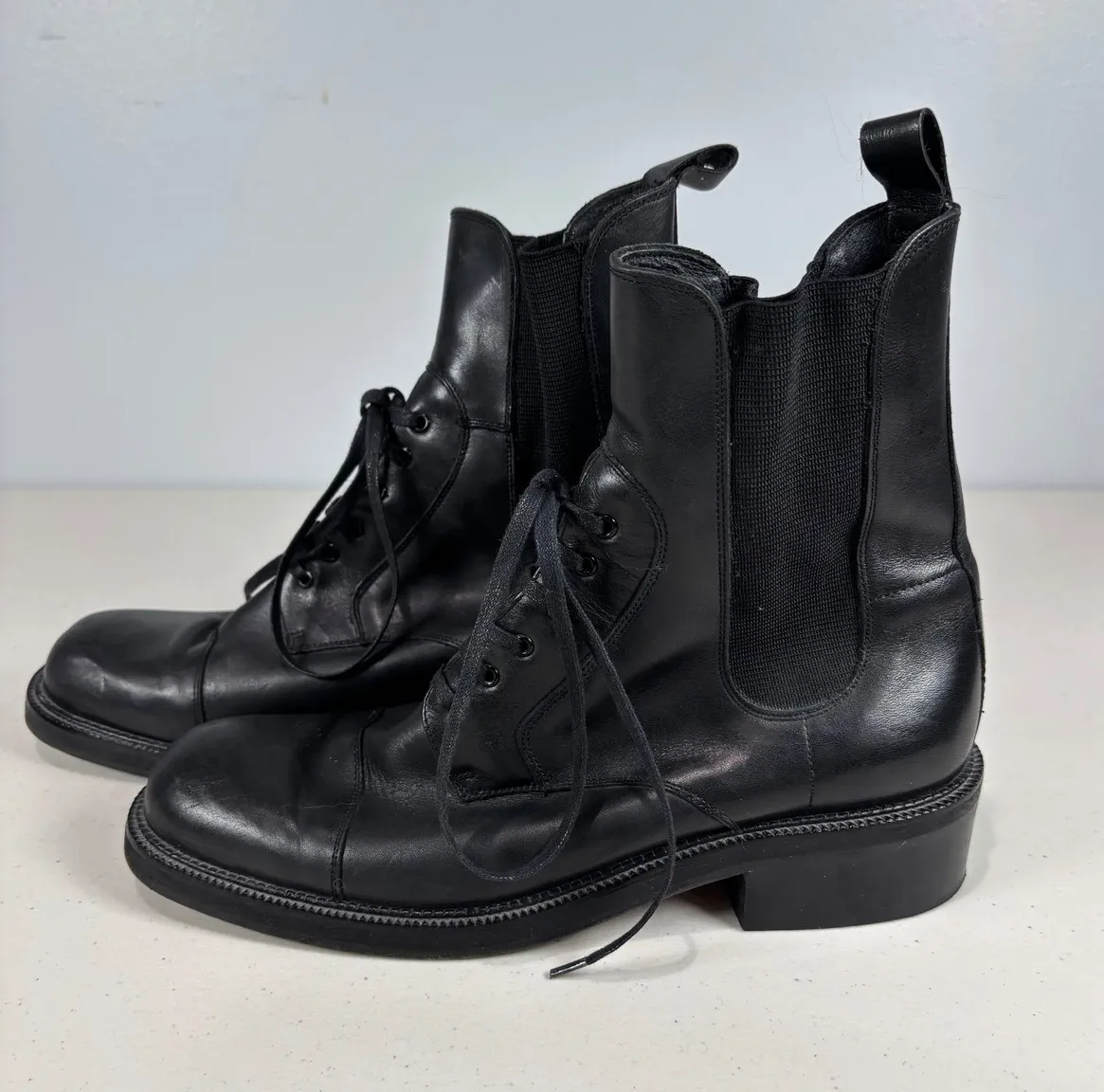 Charles David Black Combat Boots Women 10 Leather Stretch Lace Up Goth Emo $250 - Image 1