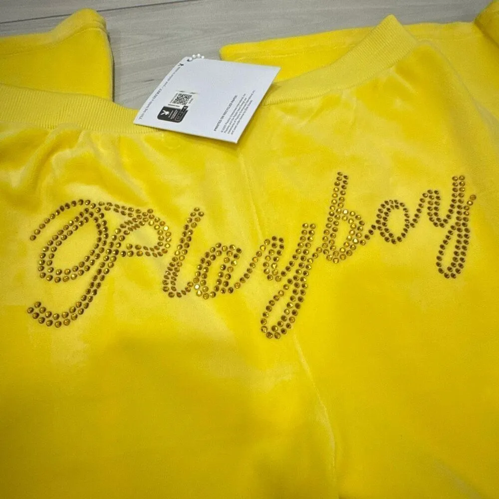 NWT Playboy Velour Rhinestone Pants Yellow Size Medium  has heart rhinestoned on - Image 9