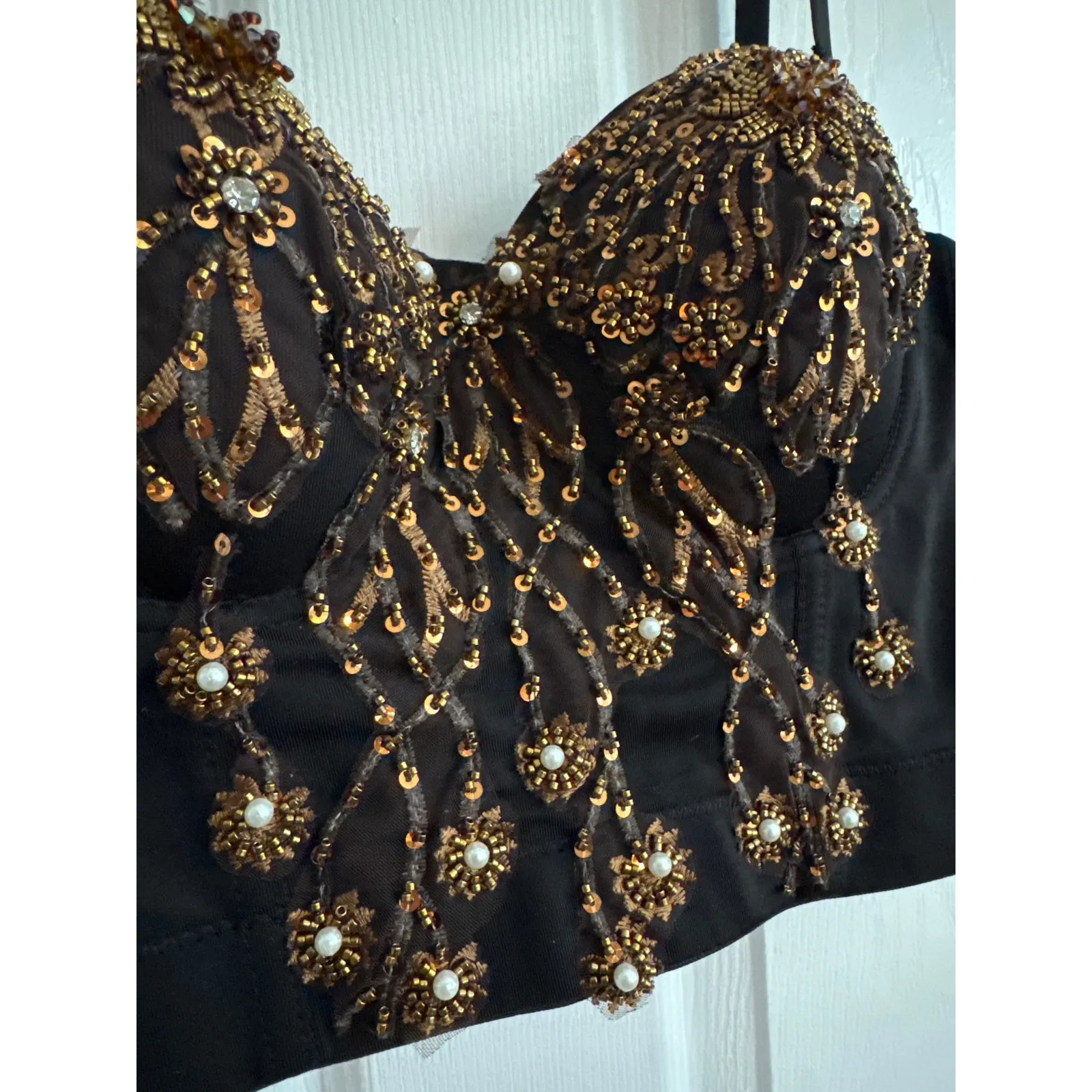 Beaded sequin 3D floral Crop bustier bra top gold black removable straps large - Image 5
