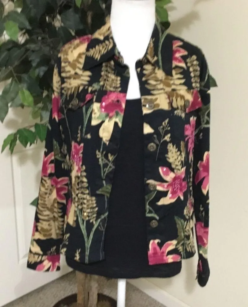 New Identity Black Burgundy Tan Tropical Floral Tailored Stretchy Jack… Size M - Image 7