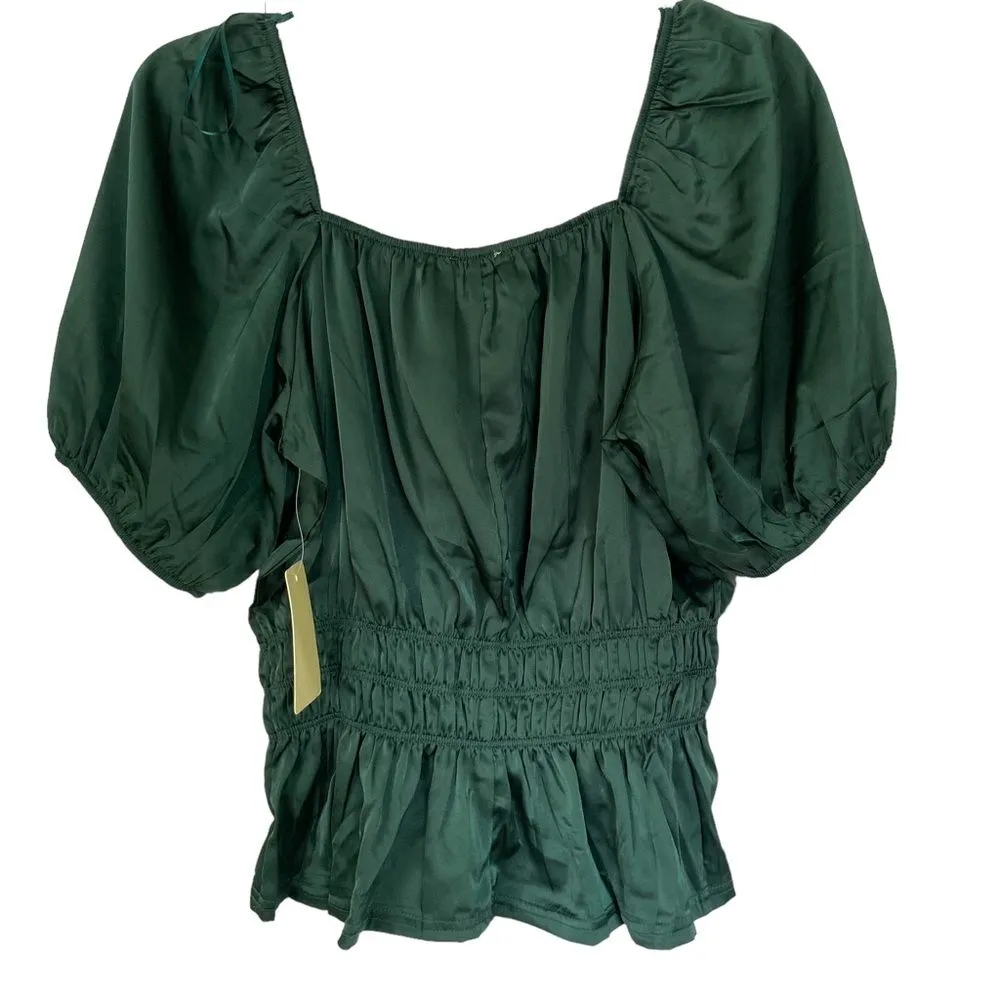 Flower & Feather Dark Green Silk Puff Sleeve Peplum Blouse Size Large - Image 2