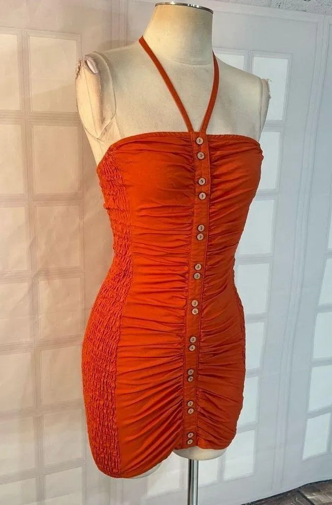 FREE PEOPLE WOMEN'S HOLD ON burnt orange smocked MINI DRESS size xs - Image 4