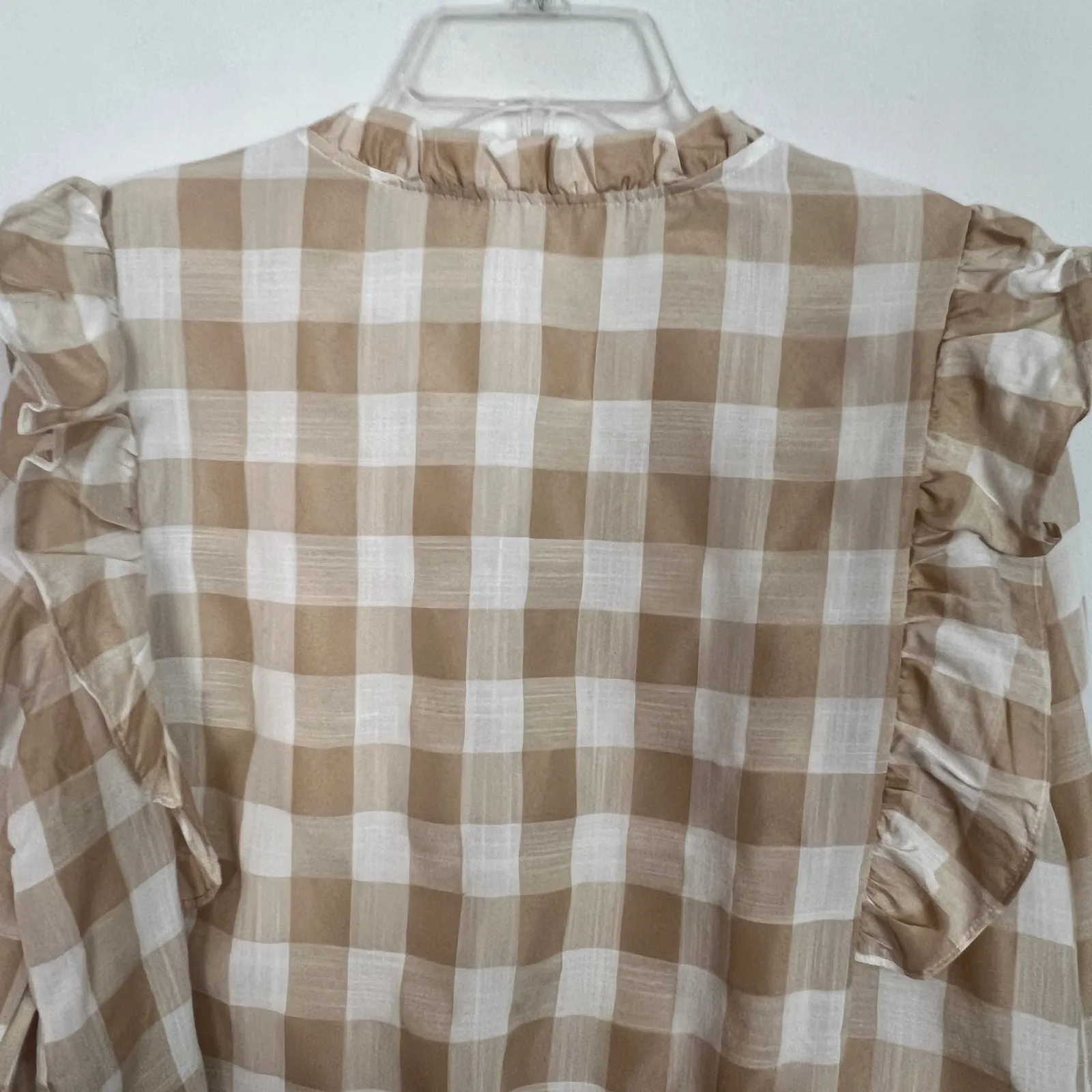 Women's Gingham Print Ruffle Long Sleeve Top Size Large Brown - Image 6