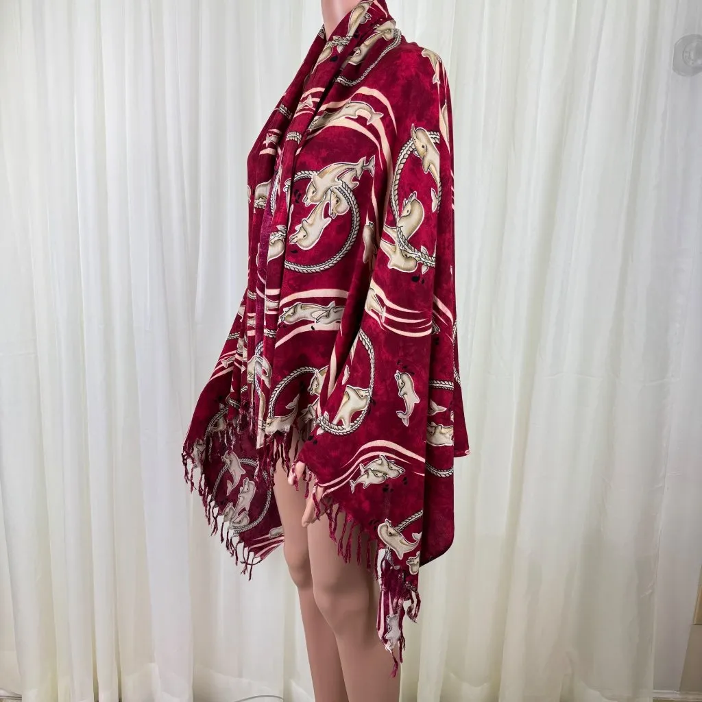 NWOT Women's Shore Line Dolphin Print Scarf Wrap Shawl Cape 66” x 45” Burgundy - Image 3