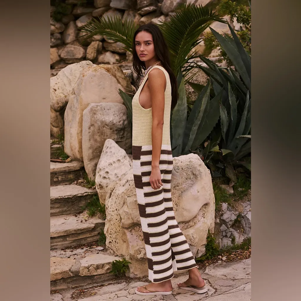 Free People Bloom Fauxchet One-Piece Jumpsuit lemongrass combo striped Knit L - Image 3