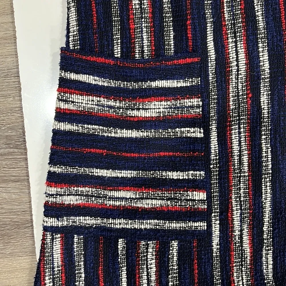 BCBG Kathy Navy Red White Striped Mini Dress Med Boucle Fringe Pockets Textured - Image 6
